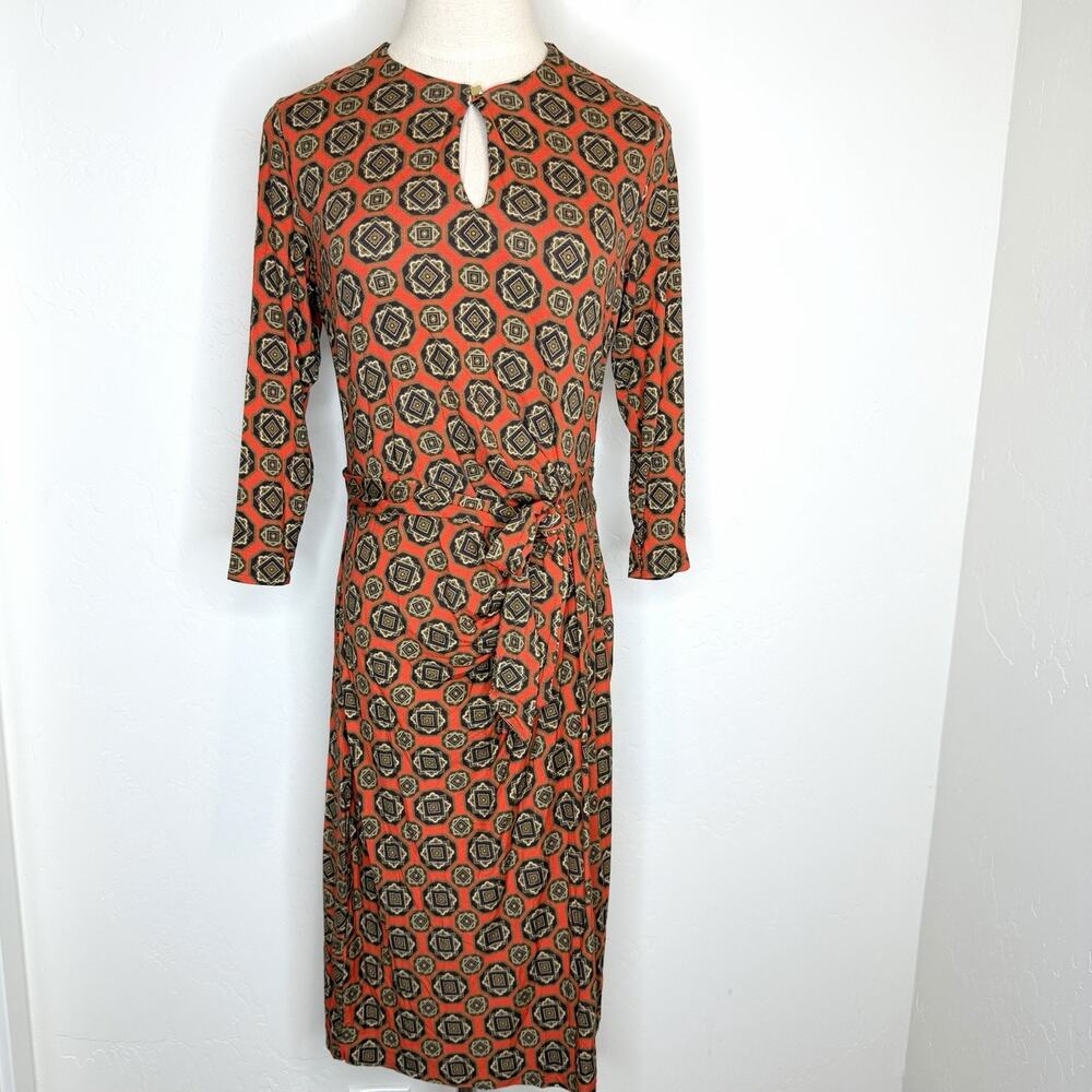 Worth New York Gathered Dress Womens 4 Red Print Tie Side 3/4 Sleeve